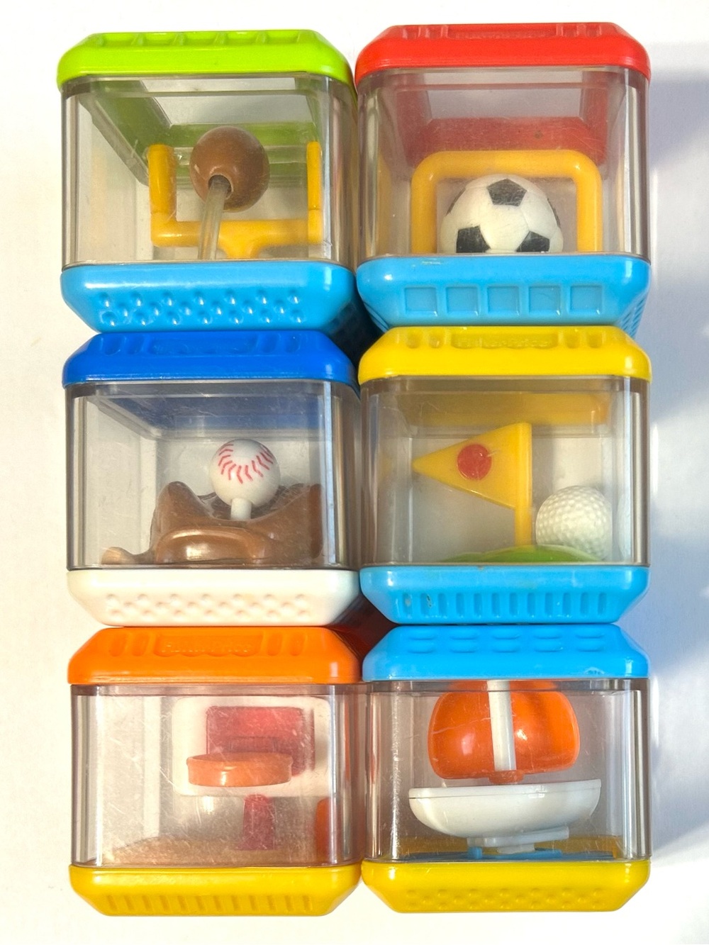 6 Vintage Fisher-Price Peek-A-Boo Blocks. Sports Themed. Set #3